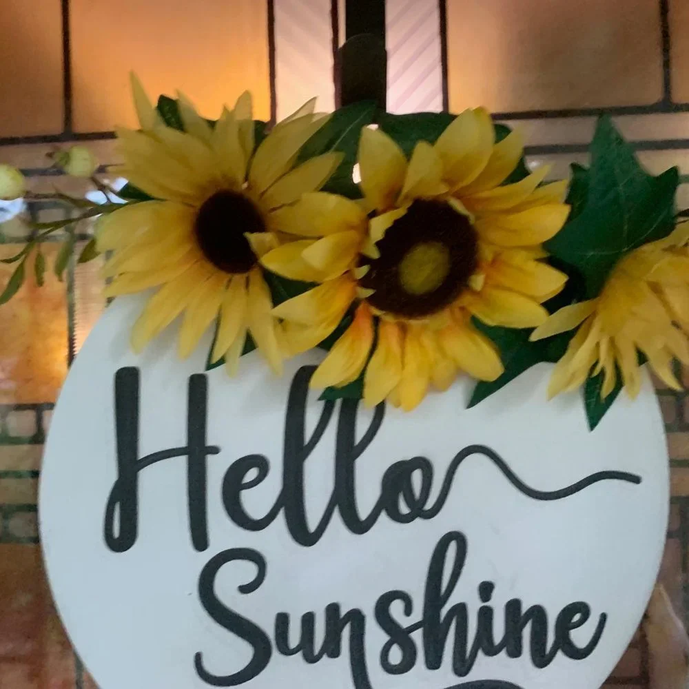 Hello Sunshine! Floral Door or Wall Decor - Wooden Circle with Sunflowers
